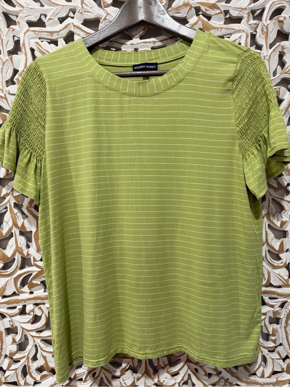 Modern Works Lime Green Striped Smocked Sleeve Tee